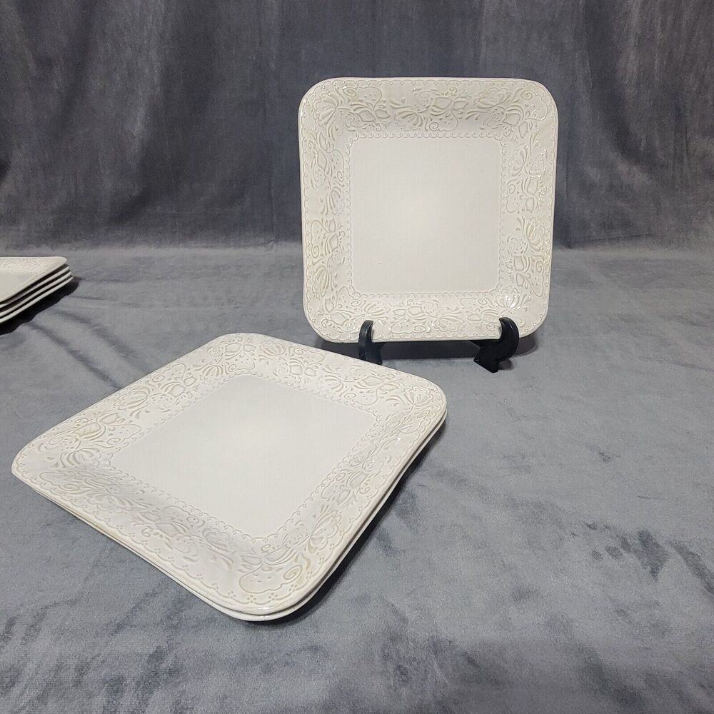 Set Of 3 Elama Ivory Lotus 10.5 Stoneware Dinner Plates